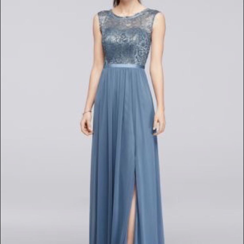 Steele Blue David’s Bridal bridesmaid gown